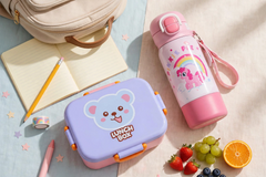 Plastic Cartoon Animal Lunch Box with Tableware & Thermos Funtainer Insulated Water Bottle Set – Panda, Koala & Monkey Kids School Lunch and Hydration Combo