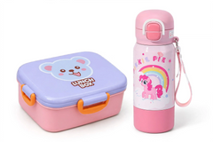 Plastic Cartoon Animal Lunch Box with Tableware & Thermos Funtainer Insulated Water Bottle Set – Panda, Koala & Monkey Kids School Lunch and Hydration Combo