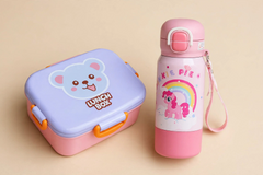 Plastic Cartoon Animal Lunch Box with Tableware & Thermos Funtainer Insulated Water Bottle Set – Panda, Koala & Monkey Kids School Lunch and Hydration Combo