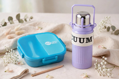 Stainless Steel Portable Handheld Water Bottle & Sealed Three-Compartment Square Lunch Box Set – Leak-Proof Student Meal and Hydration Combo for School, Office & Travel
