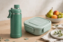 Student Nordic Style Plastic Compartment Lunch Box & Vacuum Insulated Stainless Steel Water Bottle Flask Set – Portable Leak-Proof School Meal and Hydration Combo for Students, Office & Travel