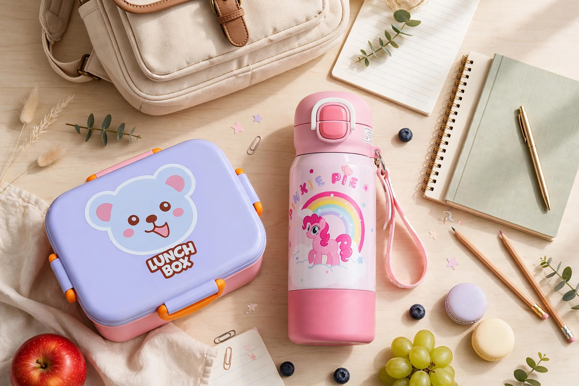 Plastic Cartoon Animal Lunch Box with Tableware & Thermos Funtainer Insulated Water Bottle Set – Panda, Koala & Monkey Kids School Lunch and Hydration Combo