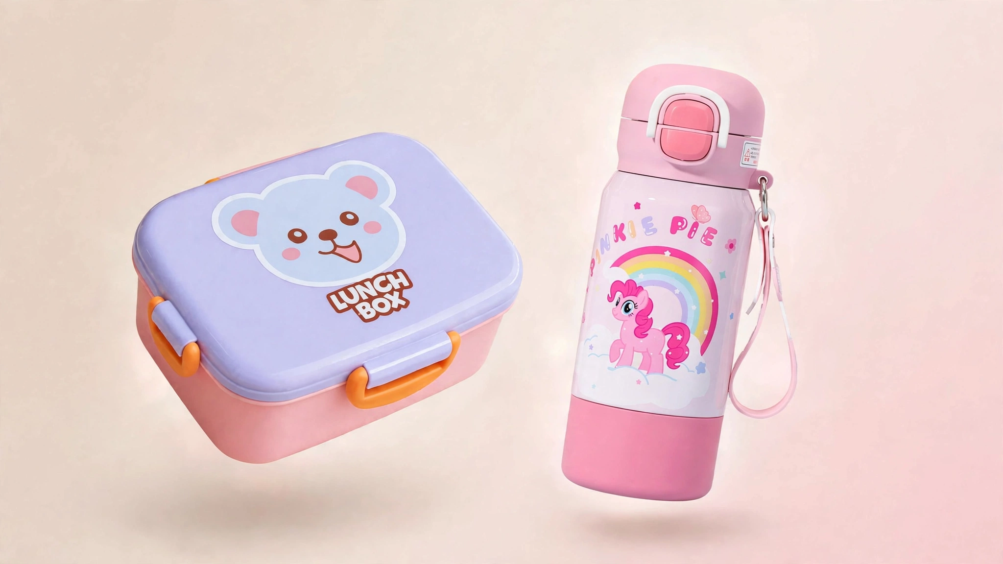Plastic Cartoon Animal Lunch Box with Tableware & Thermos Funtainer Insulated Water Bottle Set – Panda, Koala & Monkey Kids School Lunch and Hydration Combo