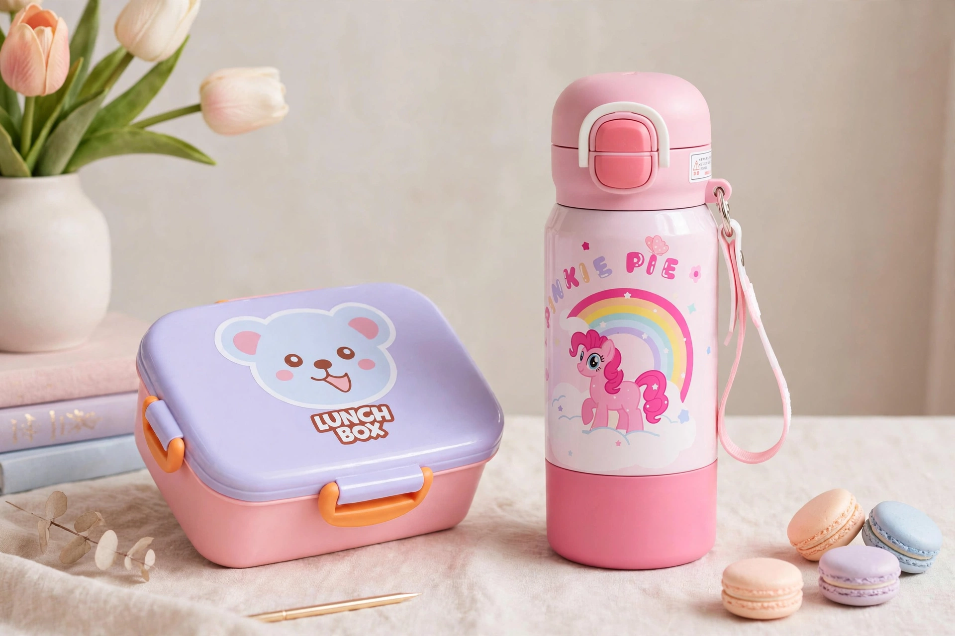 Plastic Cartoon Animal Lunch Box with Tableware & Thermos Funtainer Insulated Water Bottle Set – Panda, Koala & Monkey Kids School Lunch and Hydration Combo