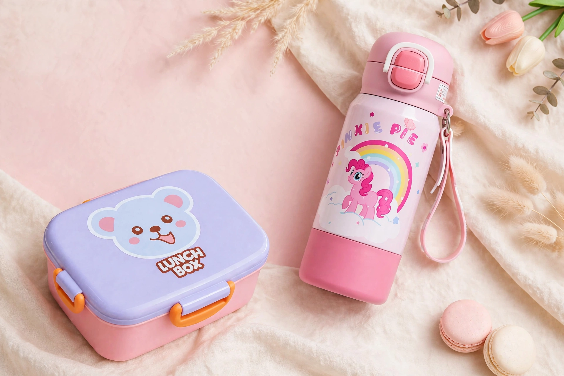 Plastic Cartoon Animal Lunch Box with Tableware & Thermos Funtainer Insulated Water Bottle Set – Panda, Koala & Monkey Kids School Lunch and Hydration Combo
