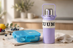 Stainless Steel Portable Handheld Water Bottle & Sealed Three-Compartment Square Lunch Box Set – Leak-Proof Student Meal and Hydration Combo for School, Office & Travel