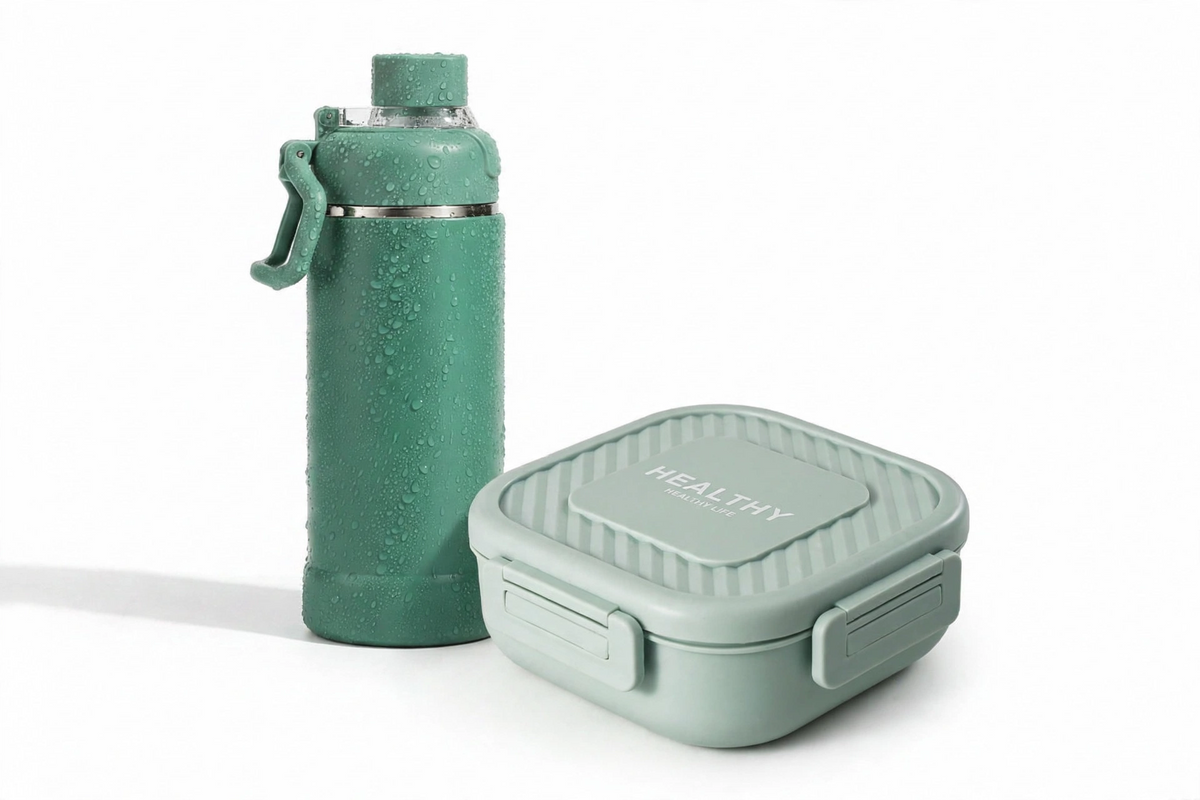Student Nordic Style Plastic Compartment Lunch Box & Vacuum Insulated Stainless Steel Water Bottle Flask Set – Portable Leak-Proof School Meal and Hydration Combo for Students, Office & Travel