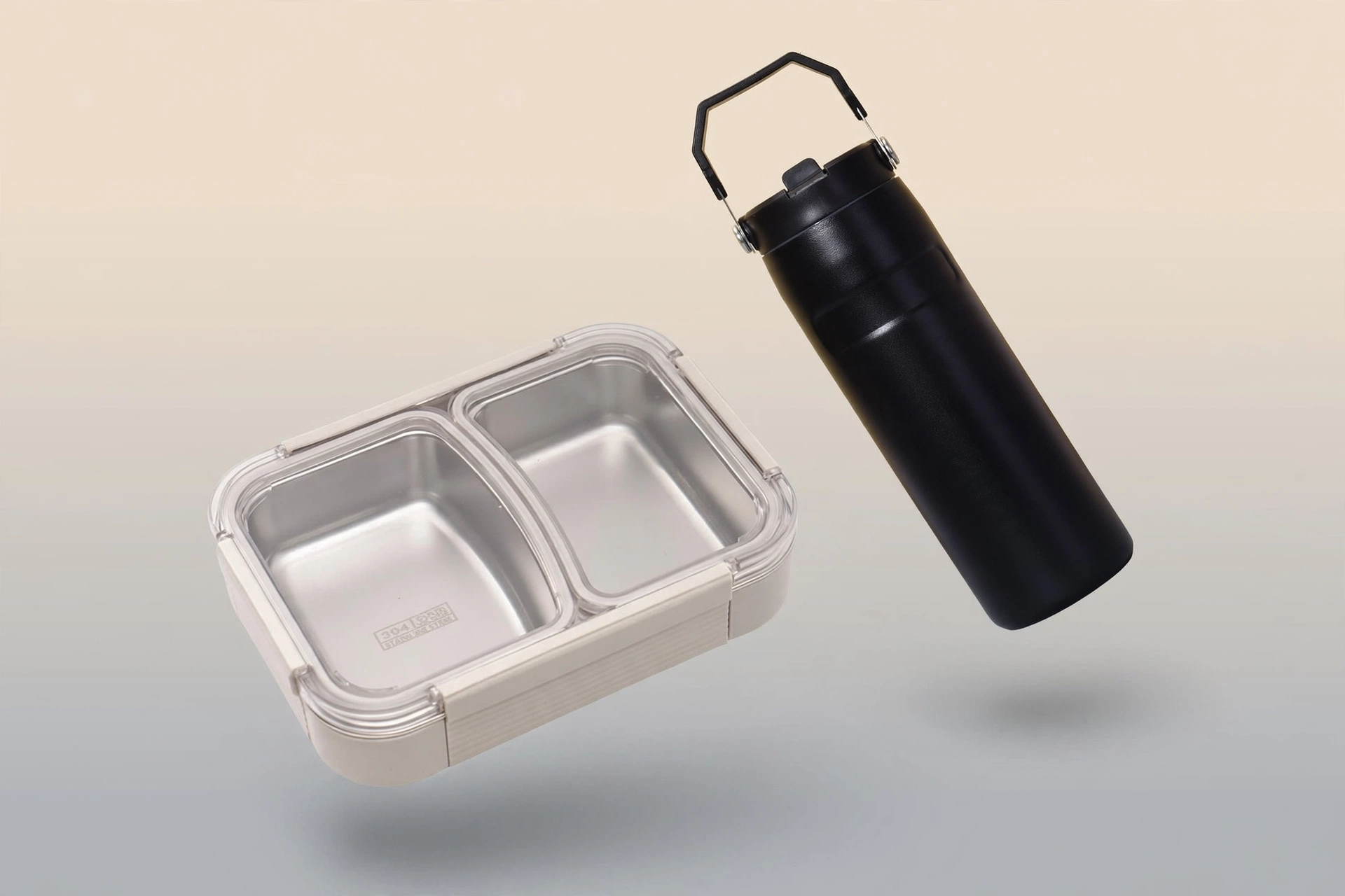 Stanley-Style Stainless Steel Tumbler with Handle & Straw + Portable Stainless Steel Compartment Lunch Box – Insulated, Durable, Student & Office Meal Set
