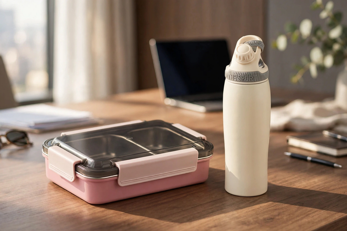 Stainless Steel Compartment Lunch Box & Aqua Sport Pro Leak-Proof Water Bottle Set – Portable Student Meal & Hydration Combo
