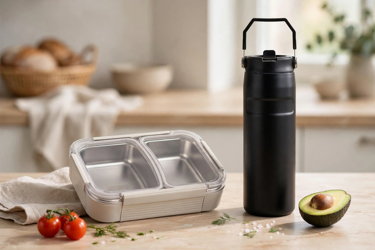 Stanley-Style Stainless Steel Tumbler with Handle & Straw + Portable Stainless Steel Compartment Lunch Box – Insulated, Durable, Student & Office Meal Set