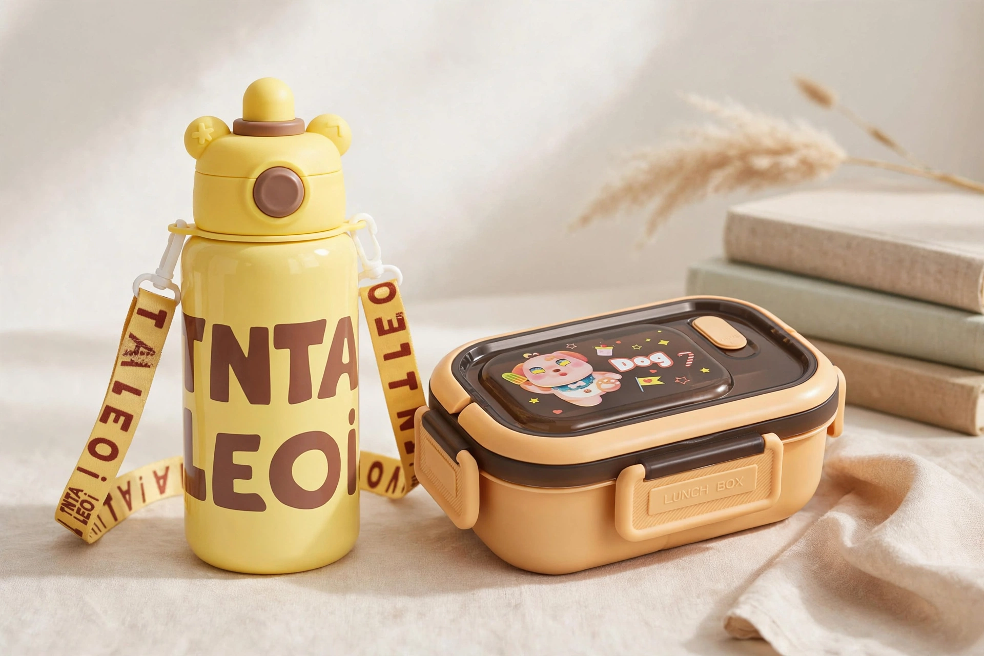 Little Bear Children’s 316 Stainless Steel Crossbody Thermos Water Bottle & Microwave-Safe Compartment Lunch Box Set – Portable School Meal Prep and Hydration Combo