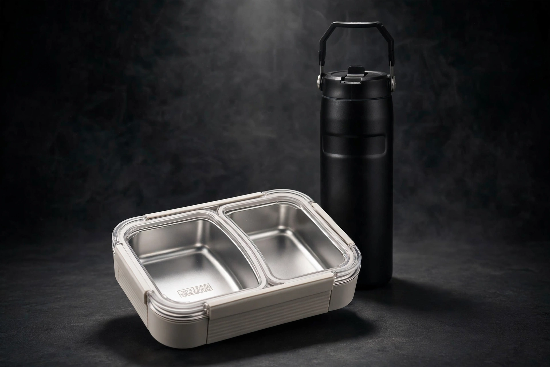Stanley-Style Stainless Steel Tumbler with Handle & Straw + Portable Stainless Steel Compartment Lunch Box – Insulated, Durable, Student & Office Meal Set