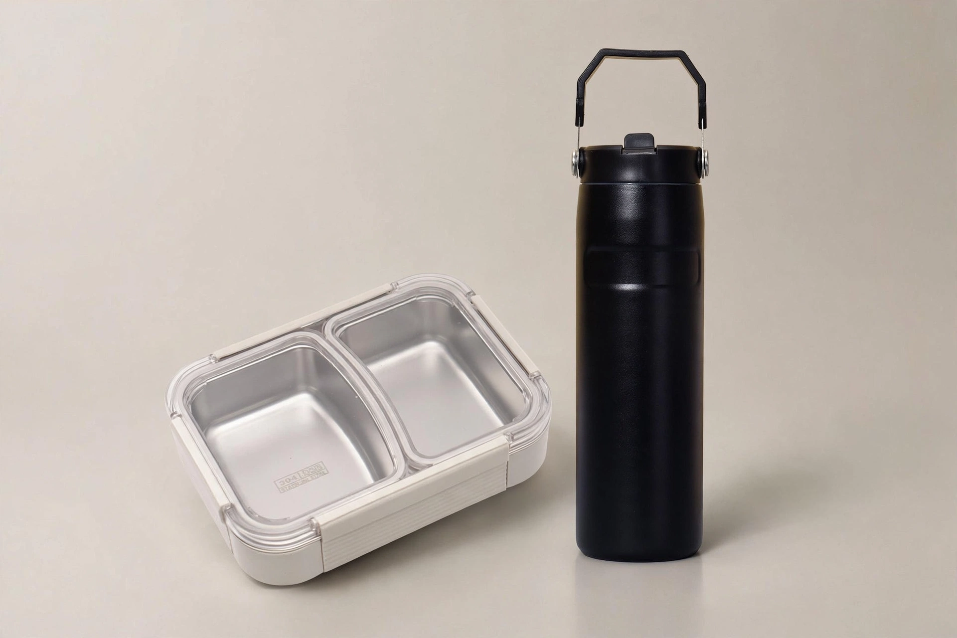 Stanley-Style Stainless Steel Tumbler with Handle & Straw + Portable Stainless Steel Compartment Lunch Box – Insulated, Durable, Student & Office Meal Set