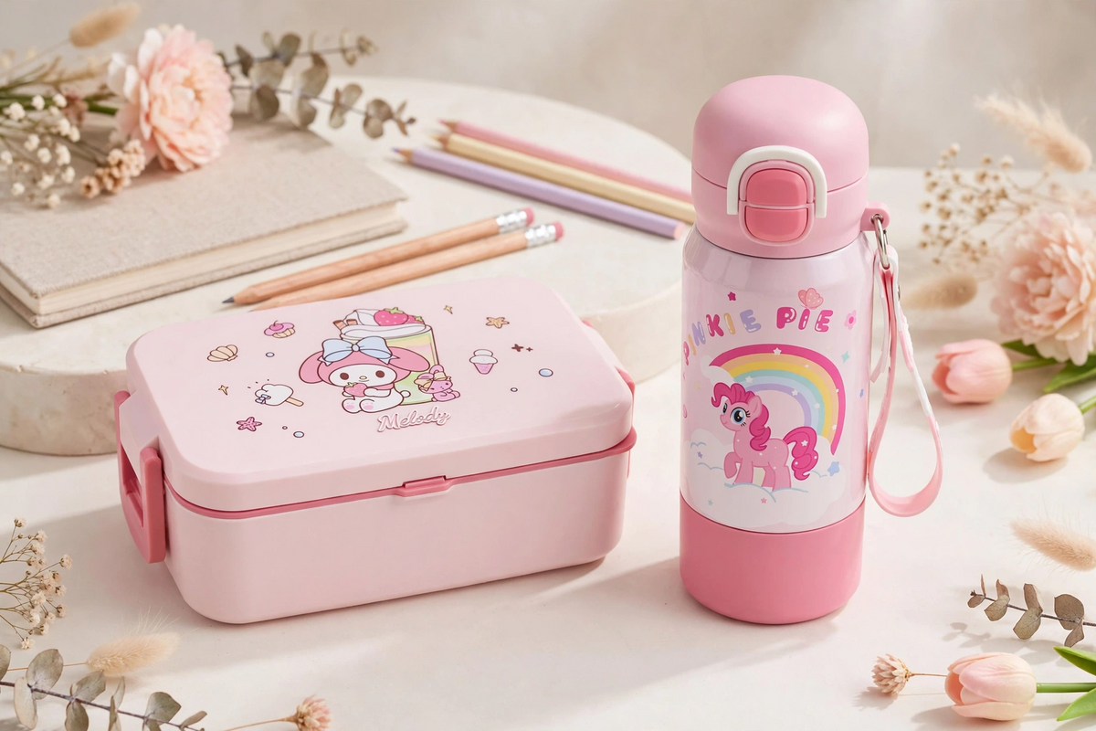 Single Layer Lunch Box & Thermos Funtainer Insulated Water Bottle Set – Portable School, Student, Office & Picnic Meal Container with Leak-Proof Hydration Bottle