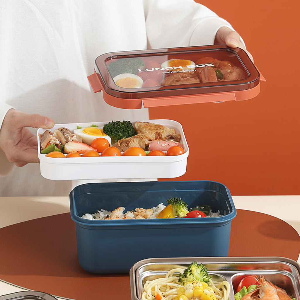 Plastic Student Lunch Box – Nordic Style Compartmentalized Bento Box with Cutlery for Picnic