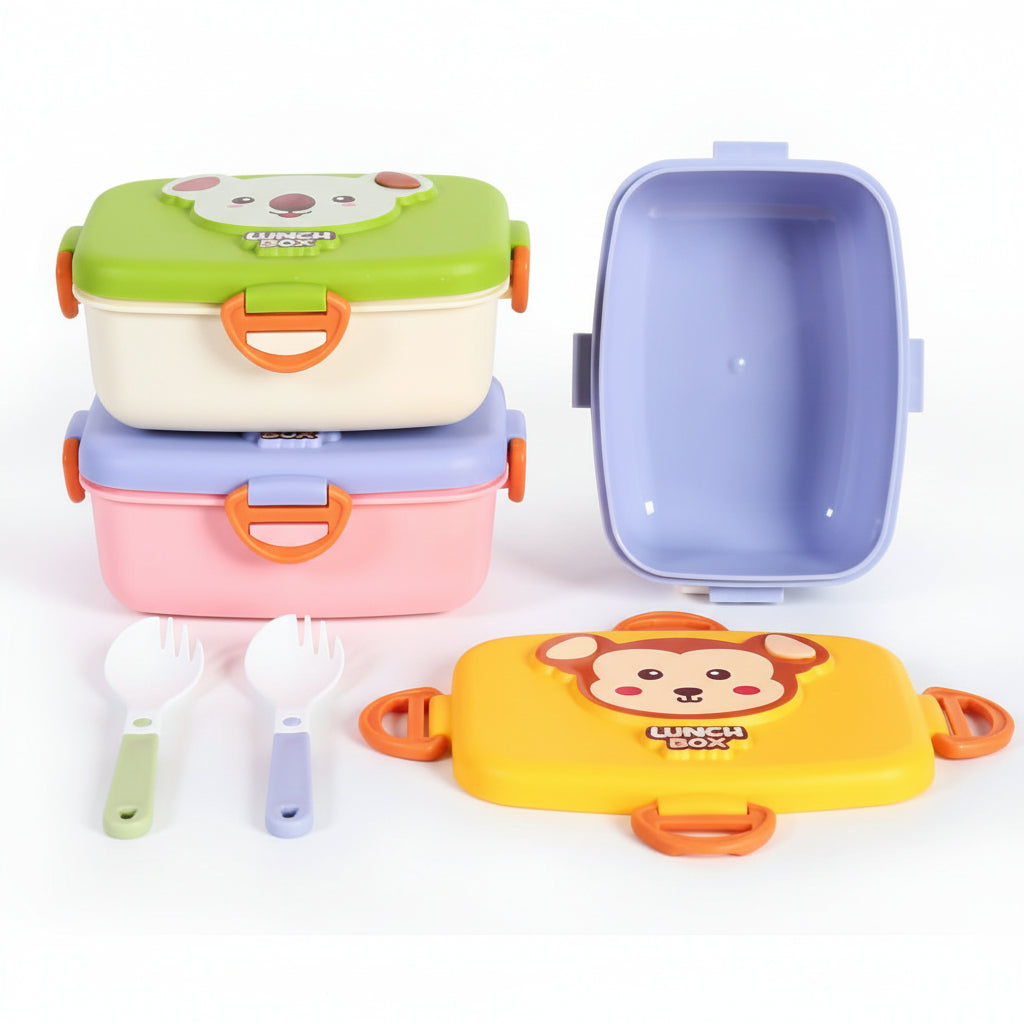 Plastic Cartoon Animal Lunch Box with Tableware - Panda, Koala & Monkey Designs