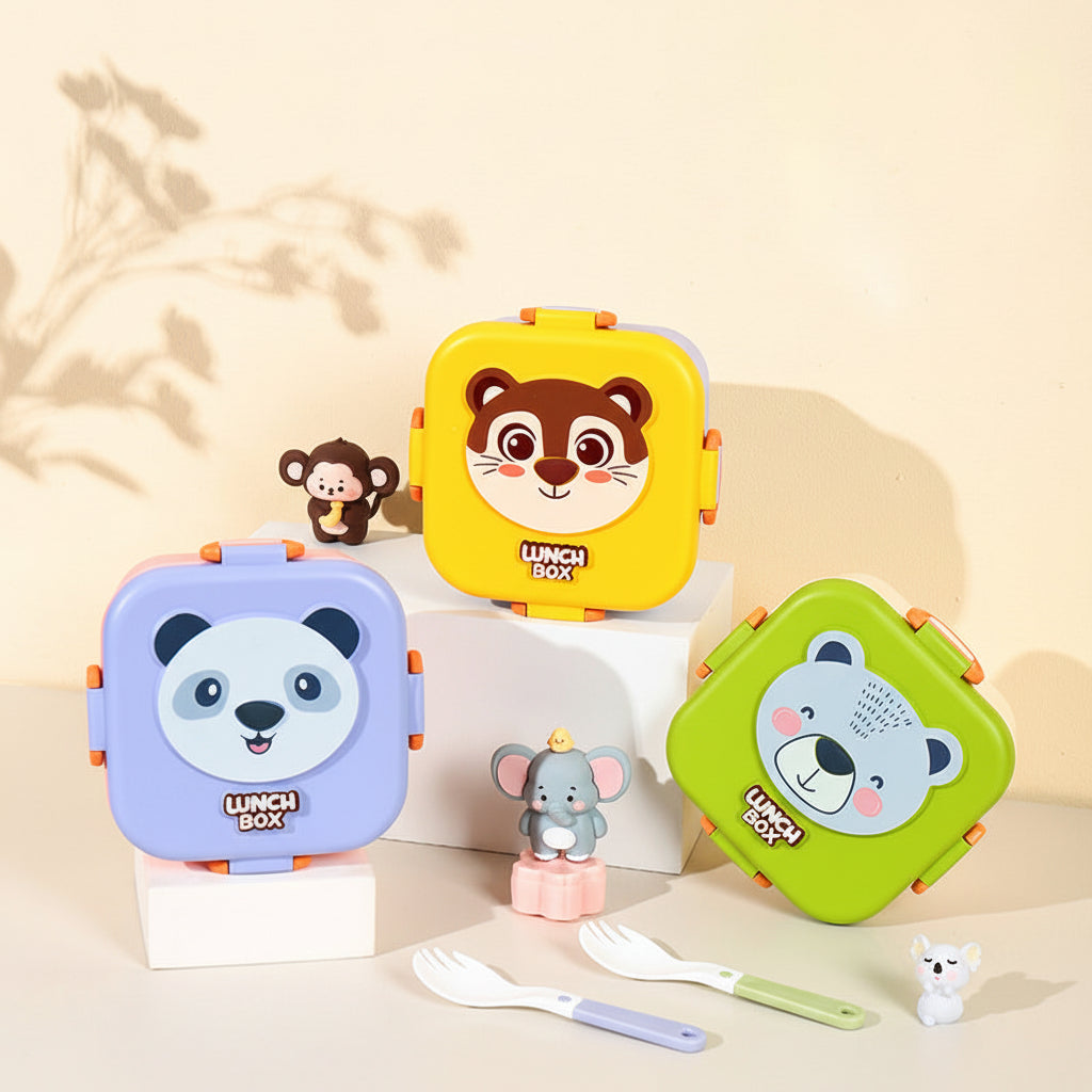 Plastic Cartoon Animal Lunch Box with Tableware - Panda, Koala & Monkey Designs