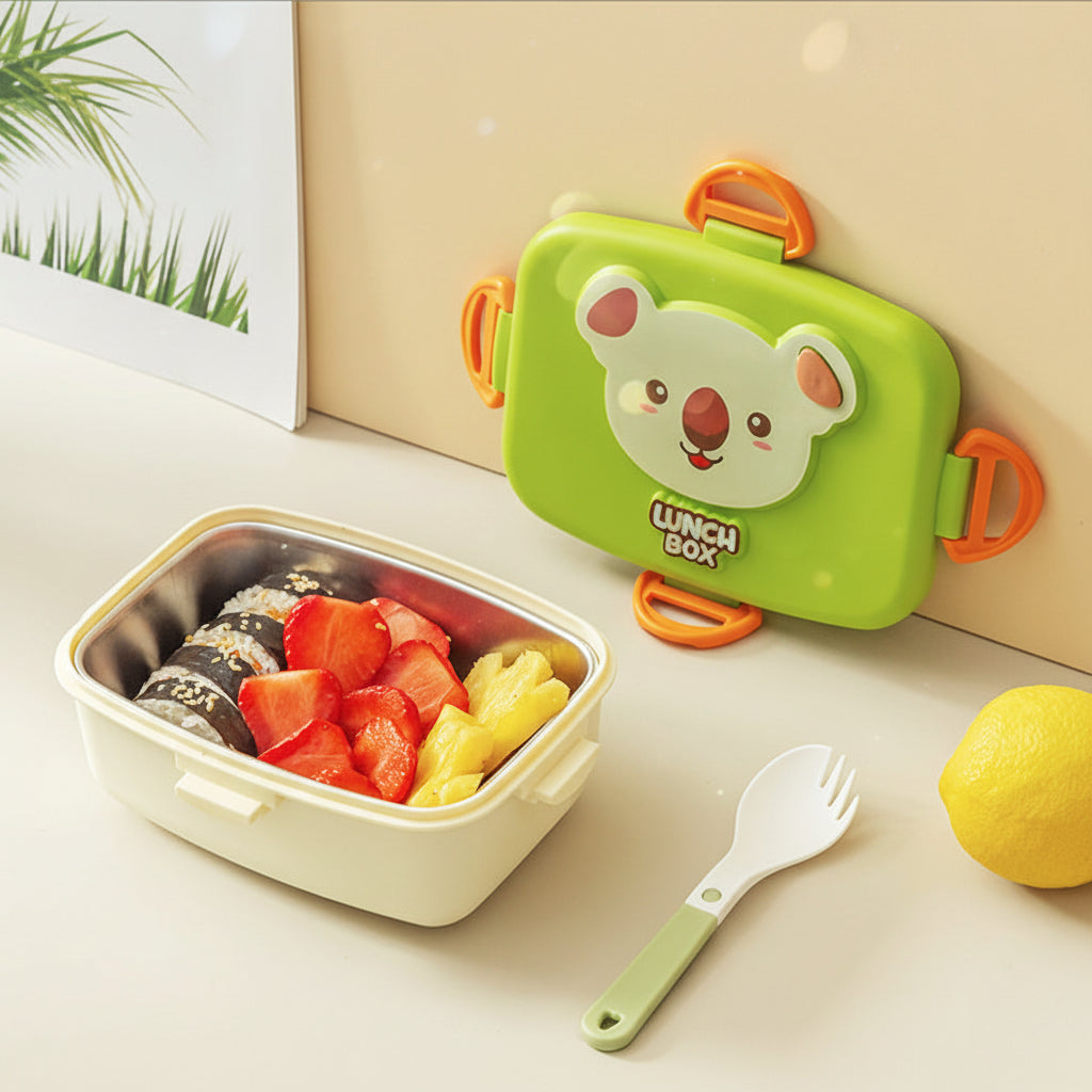 Plastic Cartoon Animal Lunch Box with Tableware - Panda, Koala & Monkey Designs